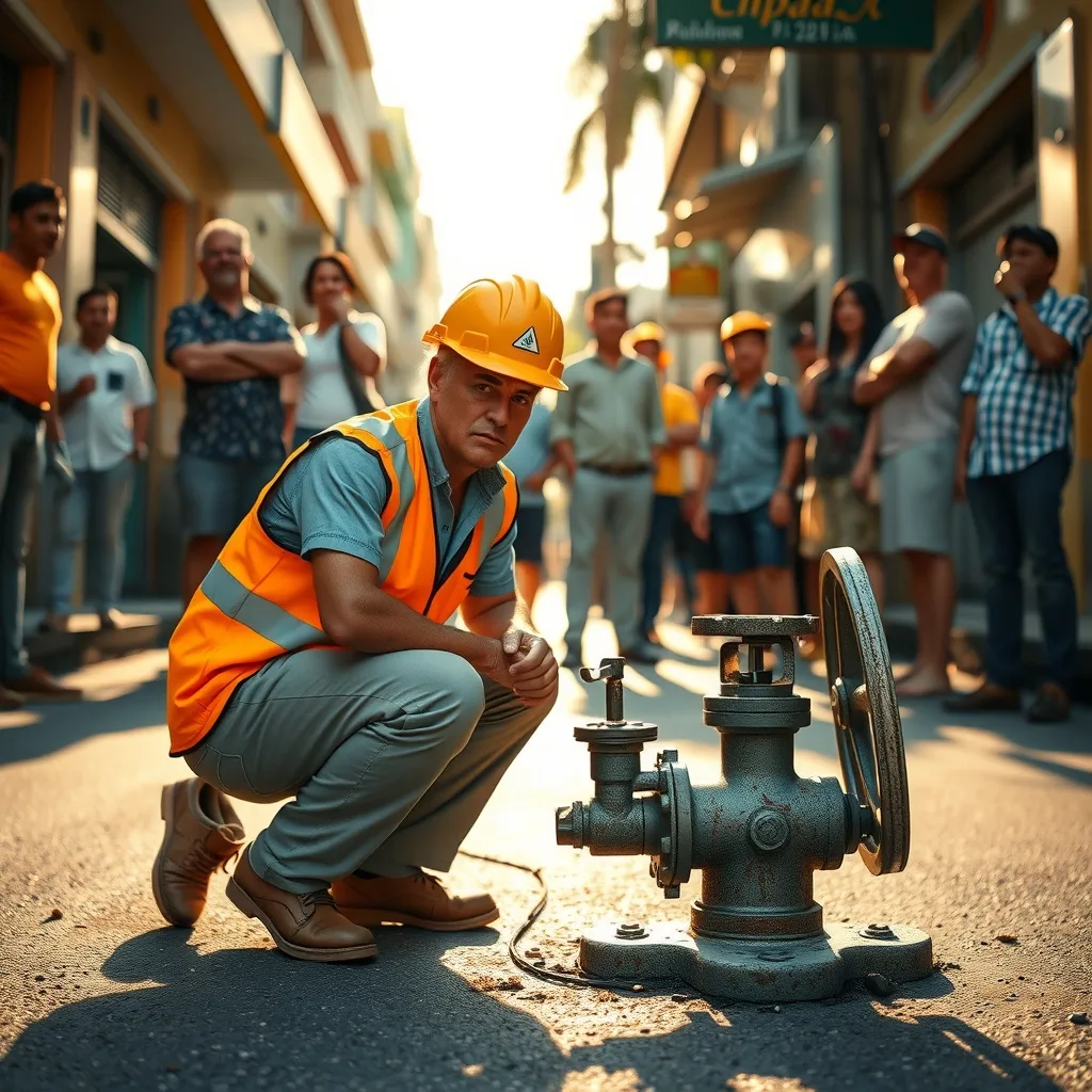 Worker repairs water valve under watchful eyes