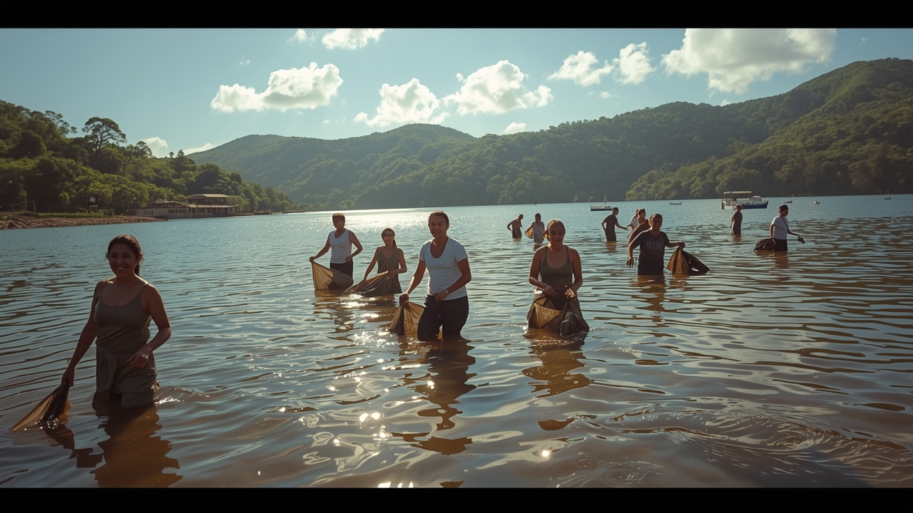 Volunteers collect waste at Guajataca Reservoir